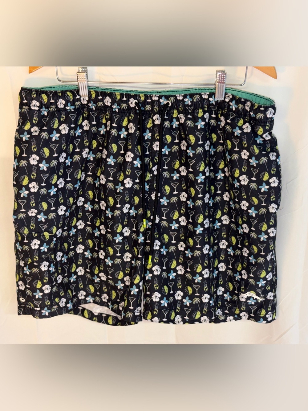 Tommy Bahama Black Swim Trunks with White, Blue and Lime Tropical Print